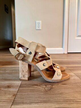 Frye Beige Suede Strappy Cork Heel Sandals